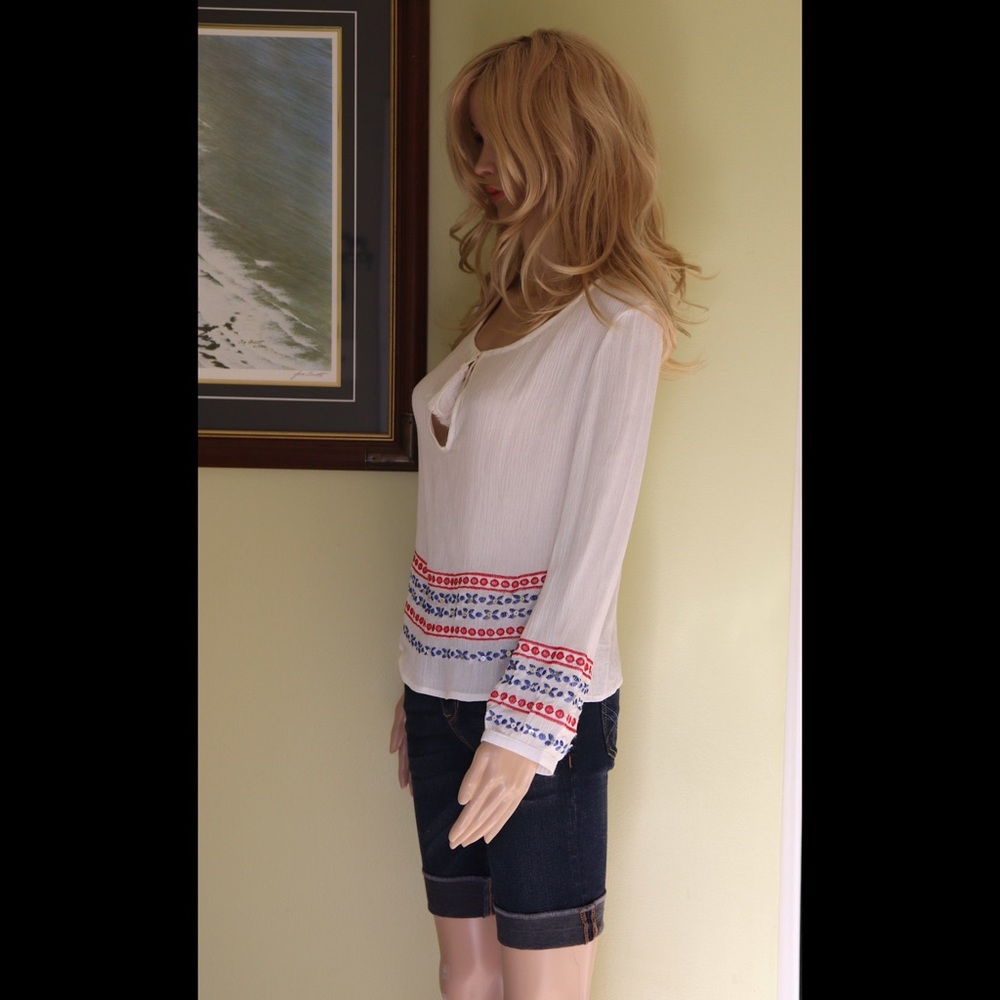 Boho Peasant Top Embroidery Sequins Puff Sleeve Tassels White Red Blue S M L - Picture 11 of 14